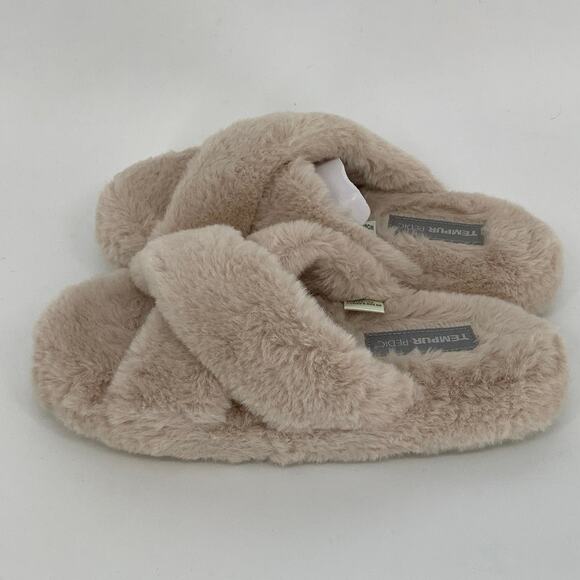 Tempur-Pedic Size 6M Natural Sloann Slide Slippers Faux Fur Cross-Strap P19-17 - Picture 3 of 12